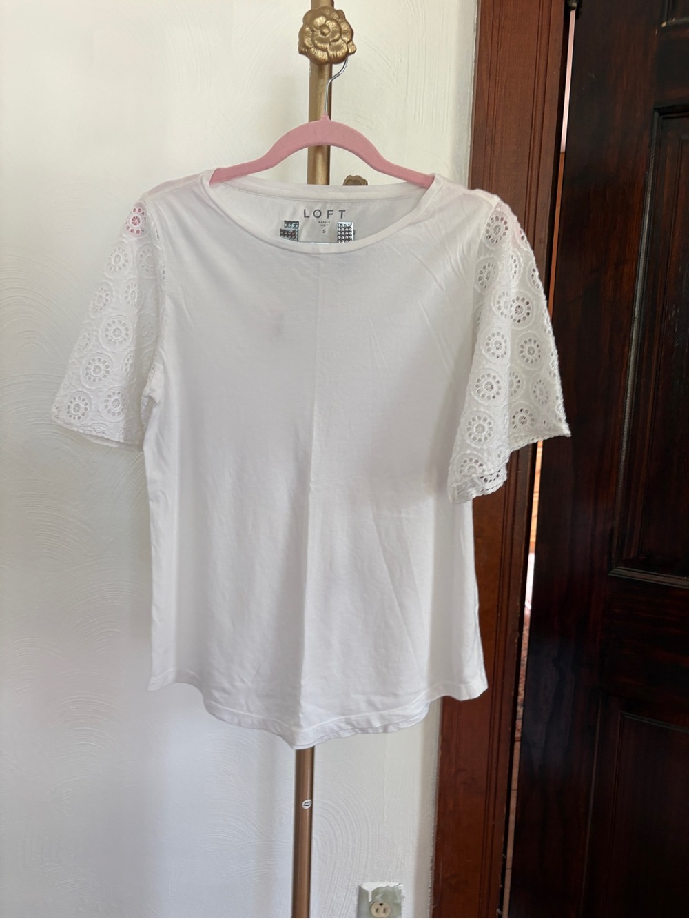 LOFT White Eyelet Short Sleeve Crewneck Top